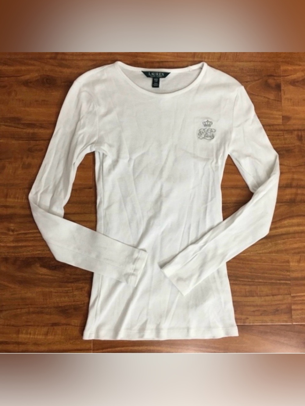 Lauren Ralph Lauren Womens Off White Embroidered Logo Long Sleeve T-Shirt XXS